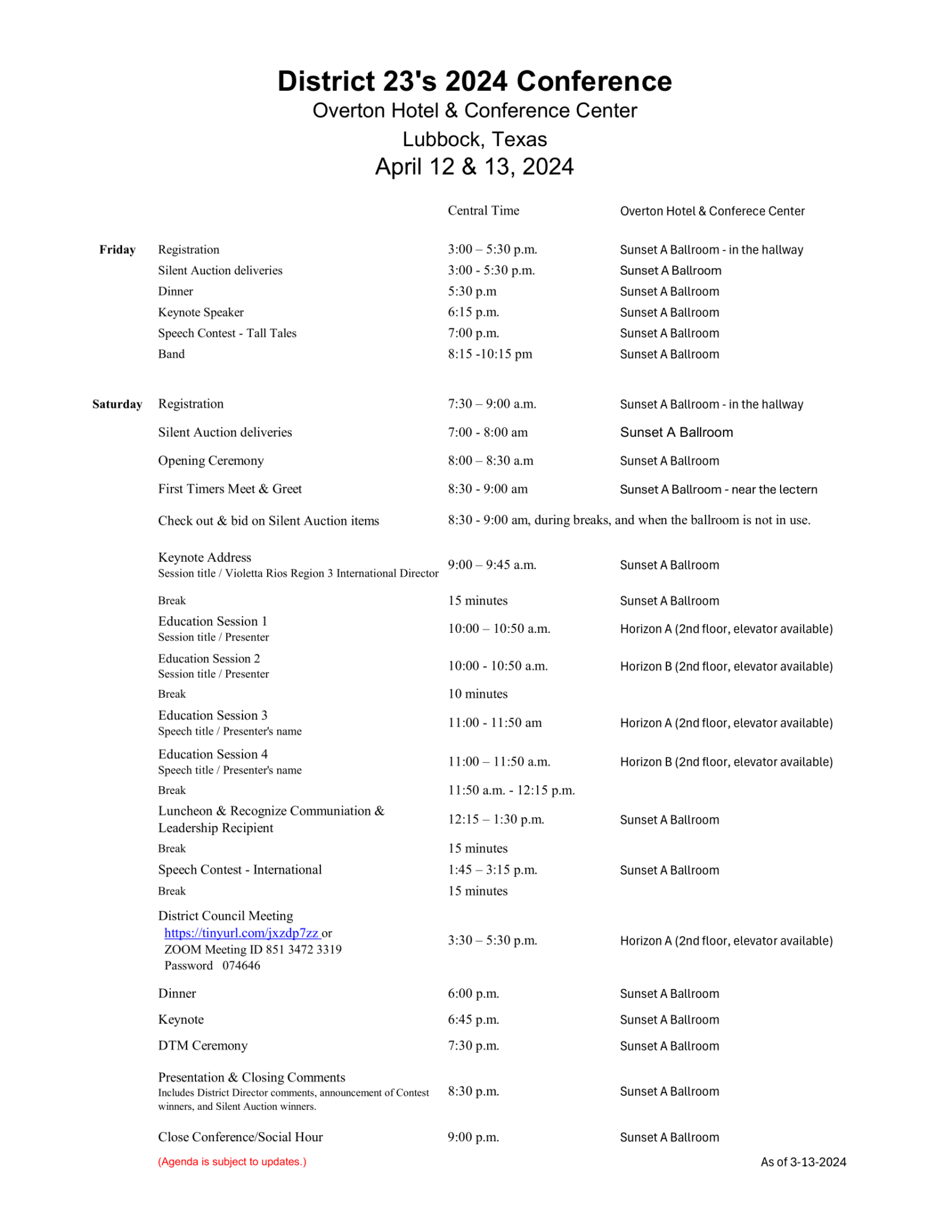 2024 Conference Agenda District 23 Toastmasters