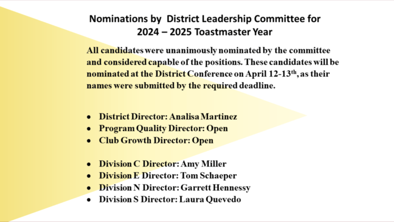 Nominations by  District Leadership Committee for 2024-2025 Toastmaster Year