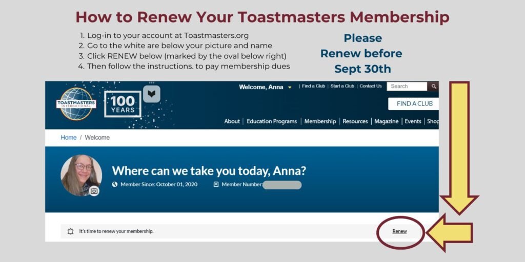 Instructions for renewing Toastmasters Membership