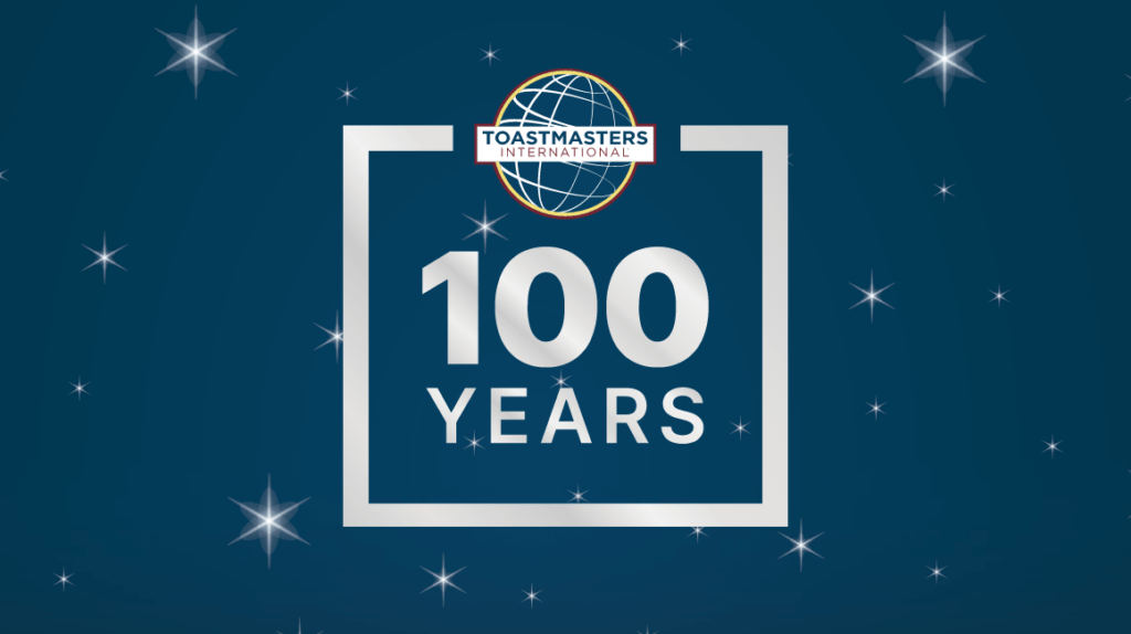 100 years of Toastmasters in white on dark blue